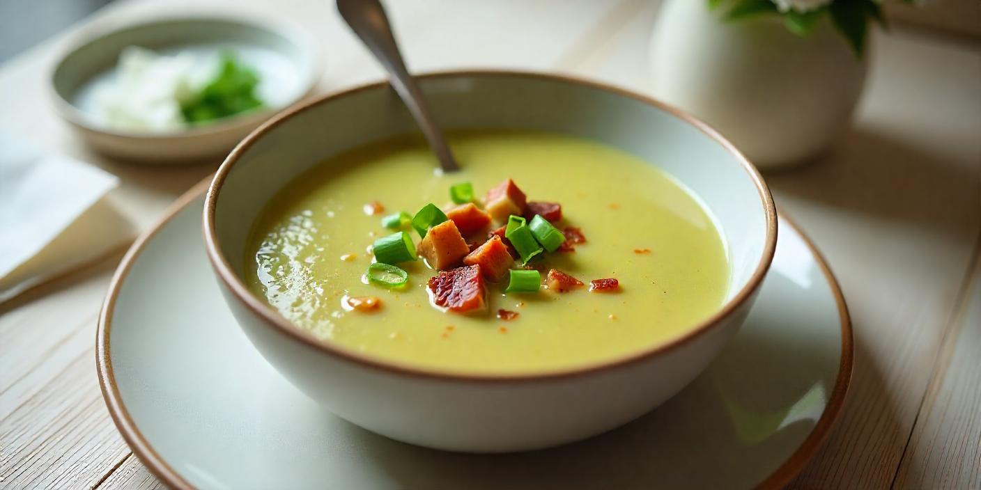 A bowl of creamy soup garnished with crispy bacon bits and fresh herbs.