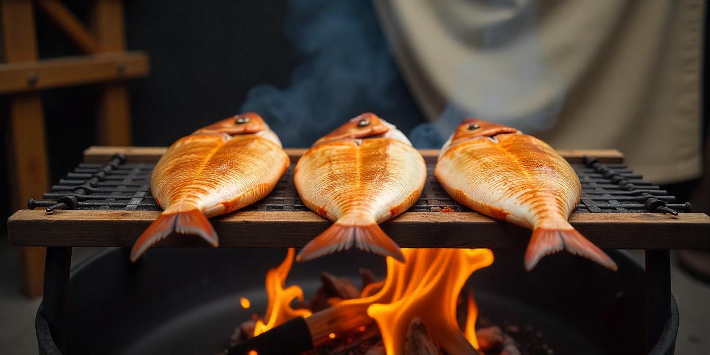 Fish fillets being grilled over an open flame for a smoky flavor.