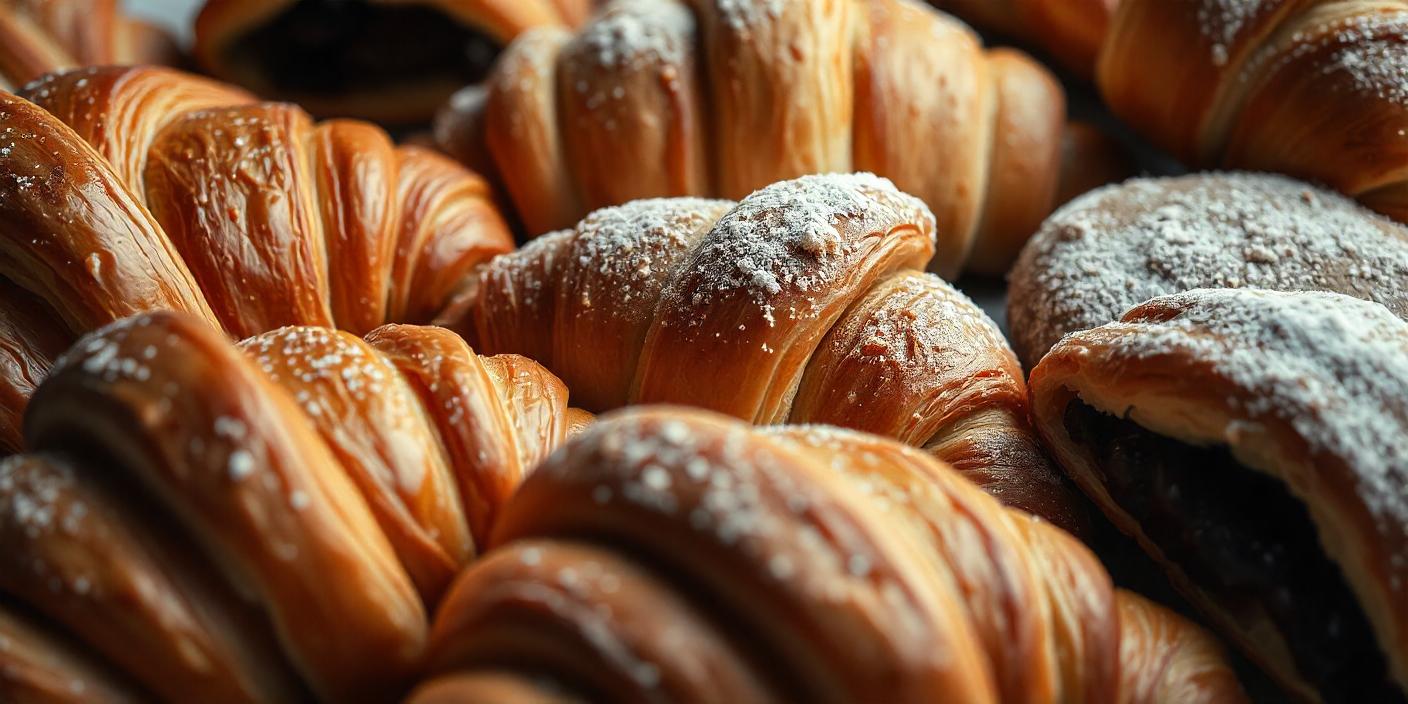 A pile of freshly baked croissants dusted with powdered sugar.