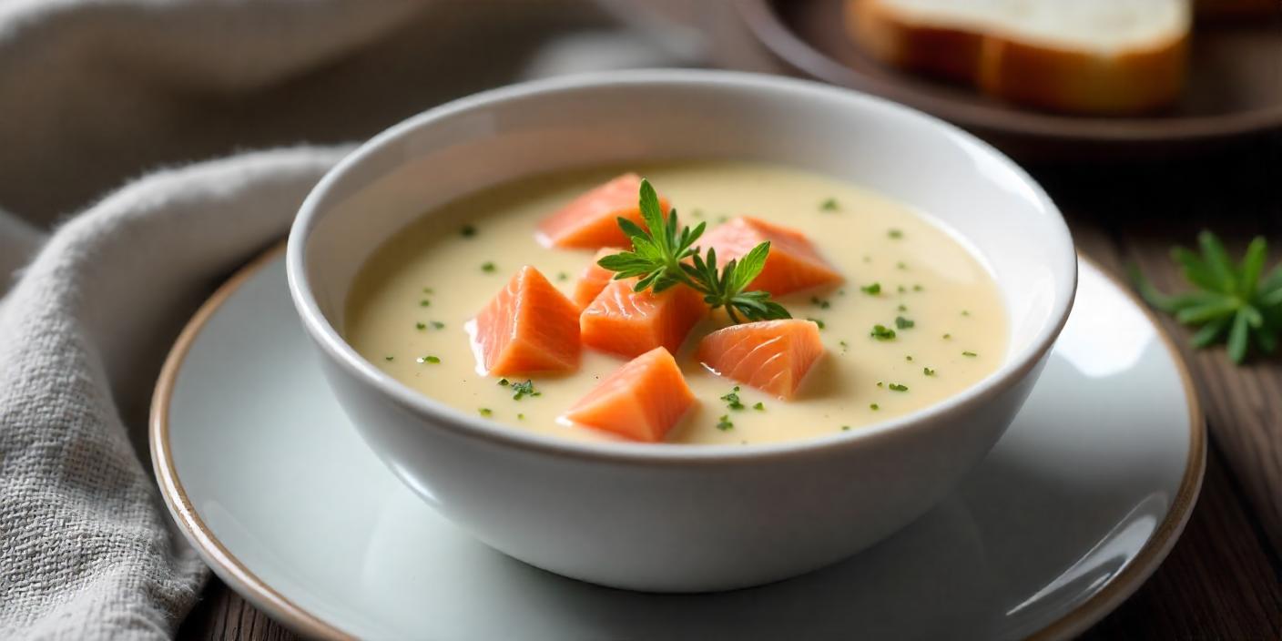 A bowl of creamy soup garnished with chunks of salmon and fresh parsley.