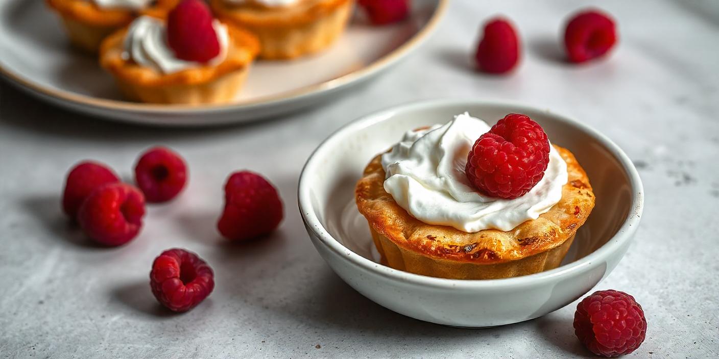 A small fruit tart filled with cream and topped with fresh raspberries.