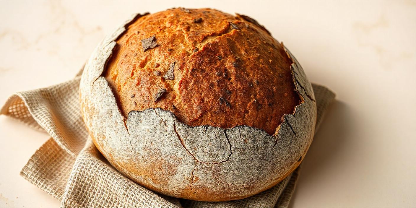 A rustic loaf of bread with a golden, crusty exterior.