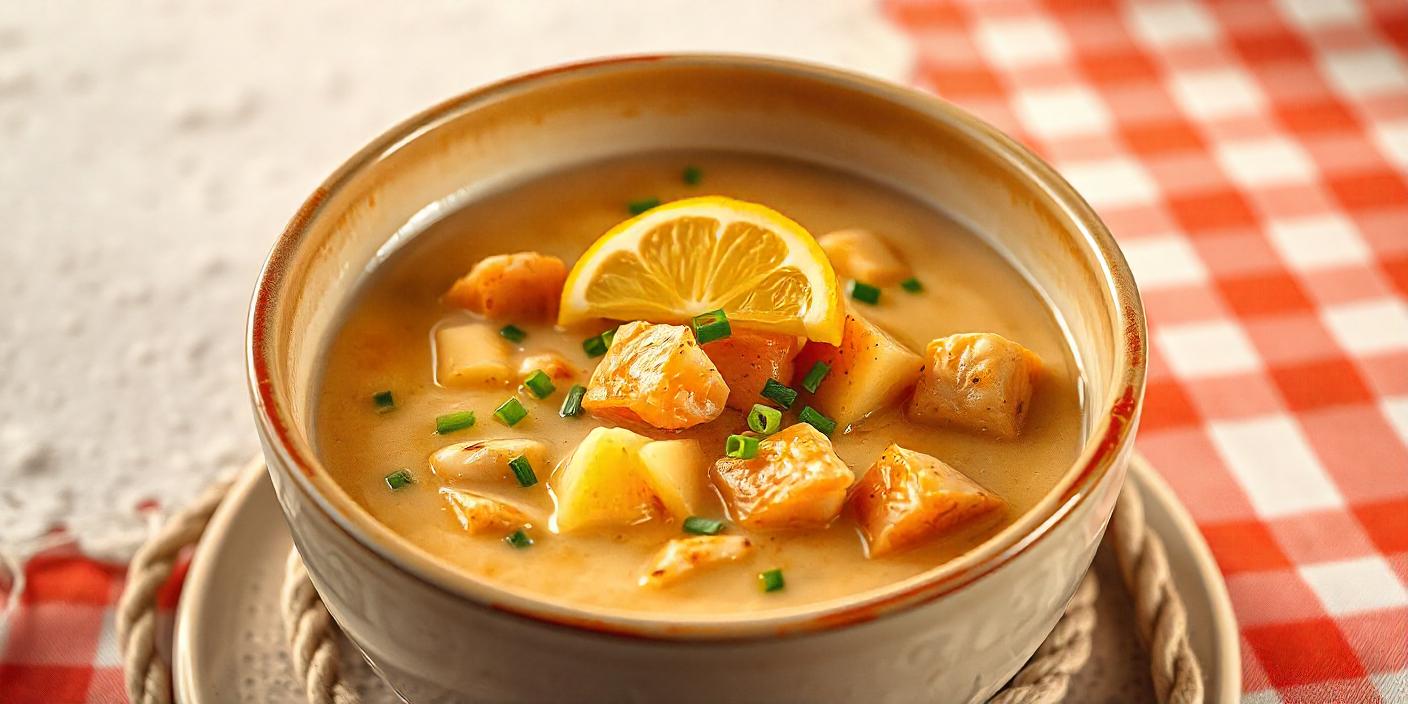 A bowl of salmon chowder with diced vegetables and a lemon slice.