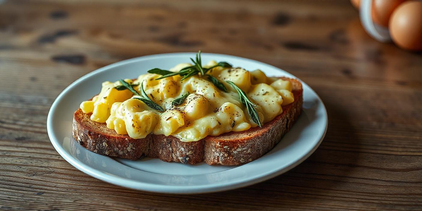 A slice of bread topped with melted cheese and garnished with fresh herbs.