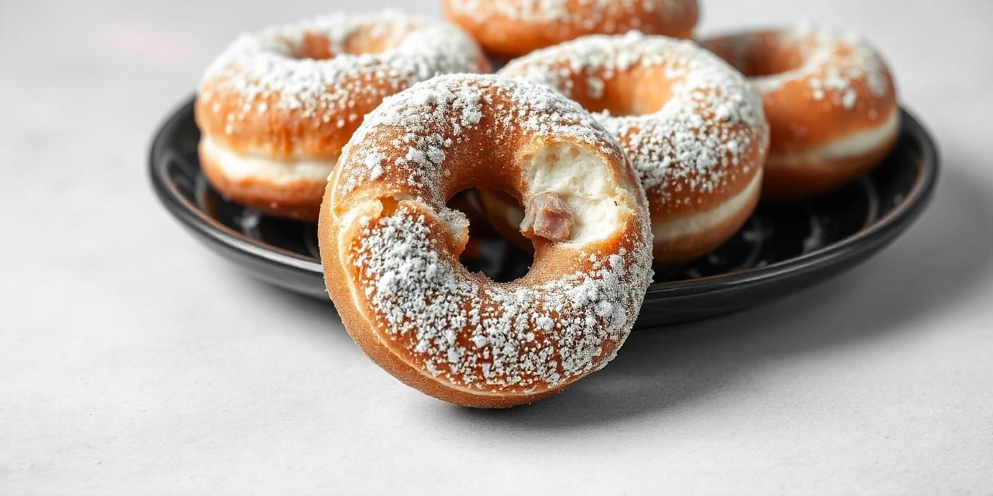 A plate of donuts dusted with powdered sugar, served fresh.