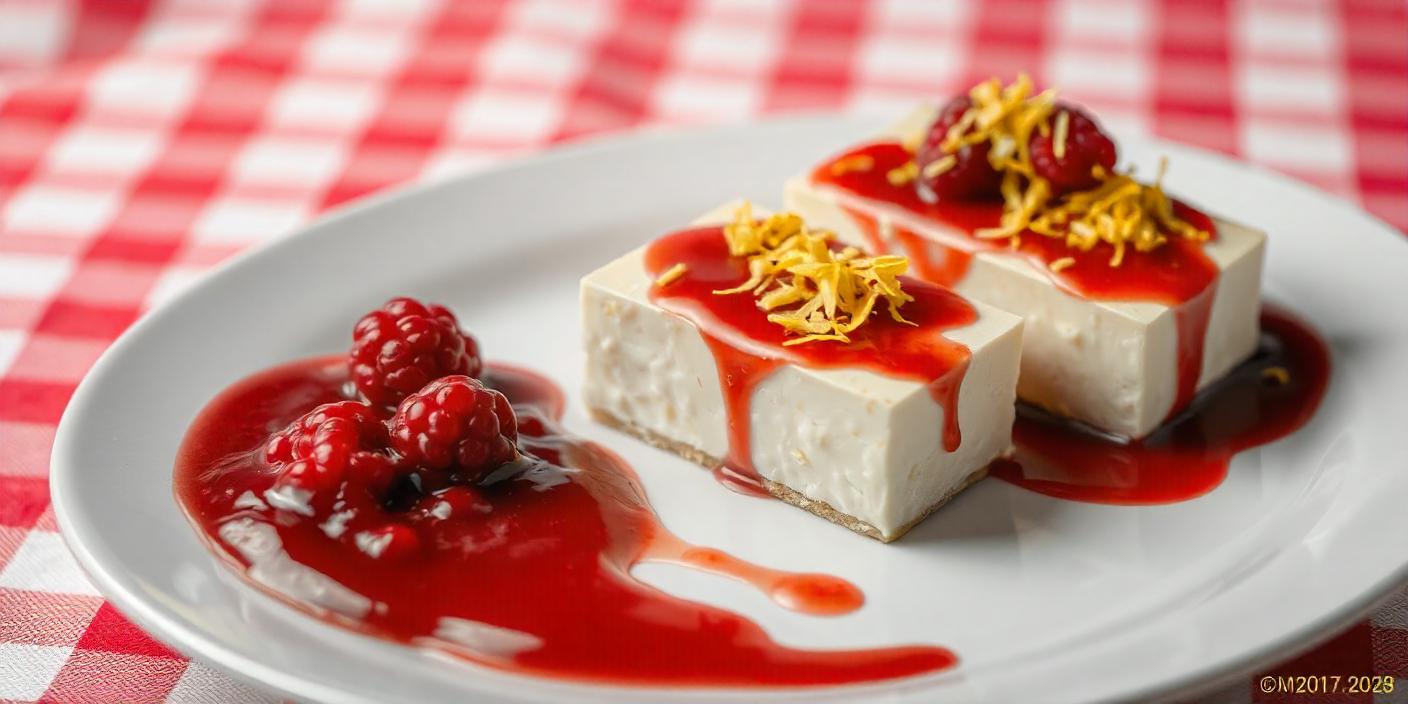 A slice of cheesecake topped with berry sauce and garnished with fresh raspberries.