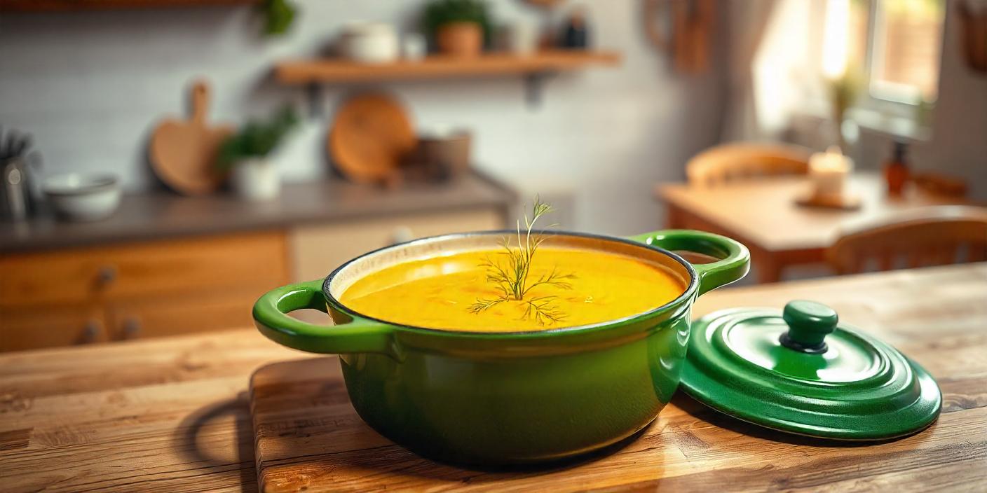 A bowl of creamy pumpkin soup served in a green pot, garnished with fresh herbs.