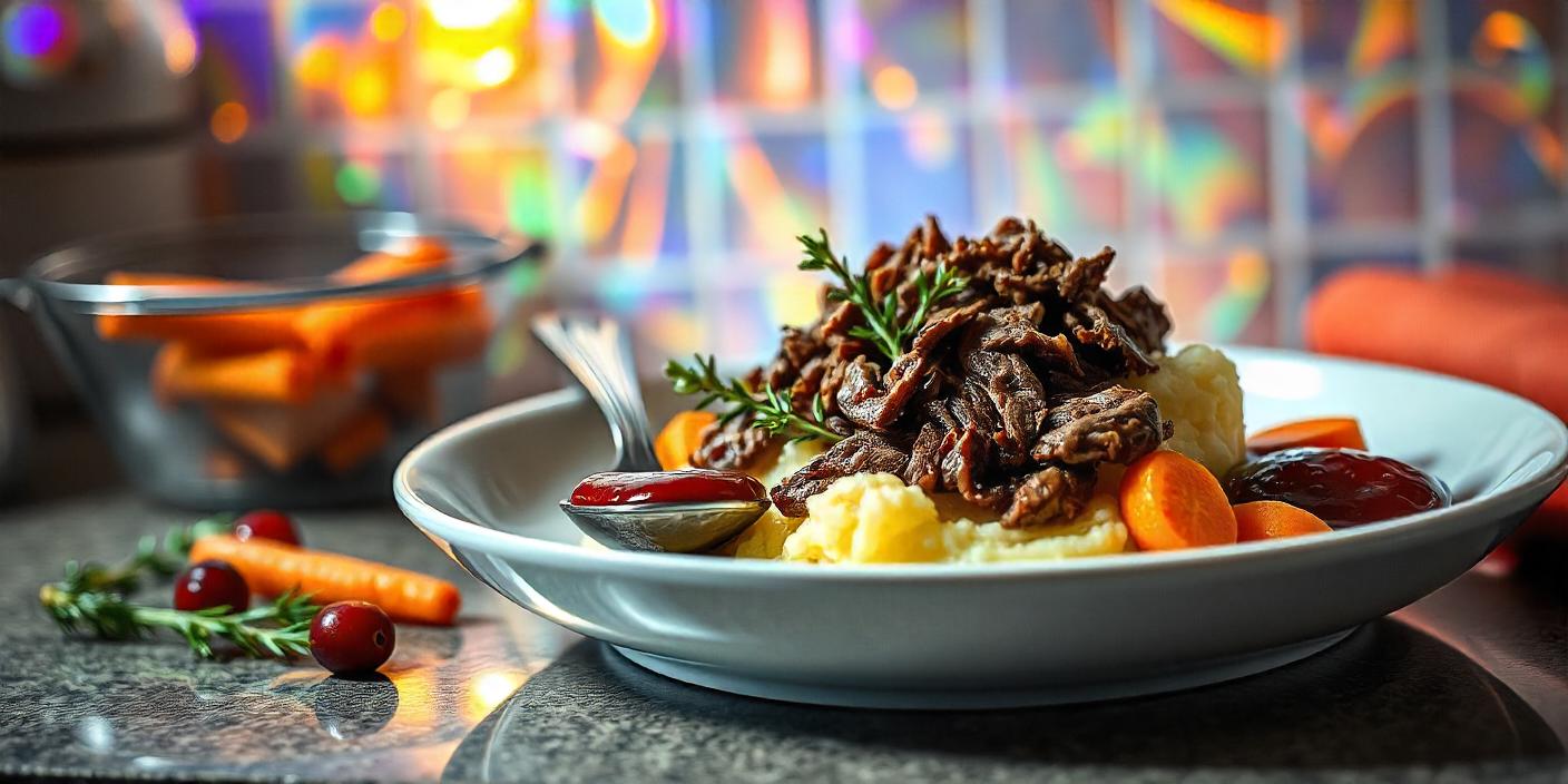 A plate of braised beef served with mashed potatoes and vegetables.