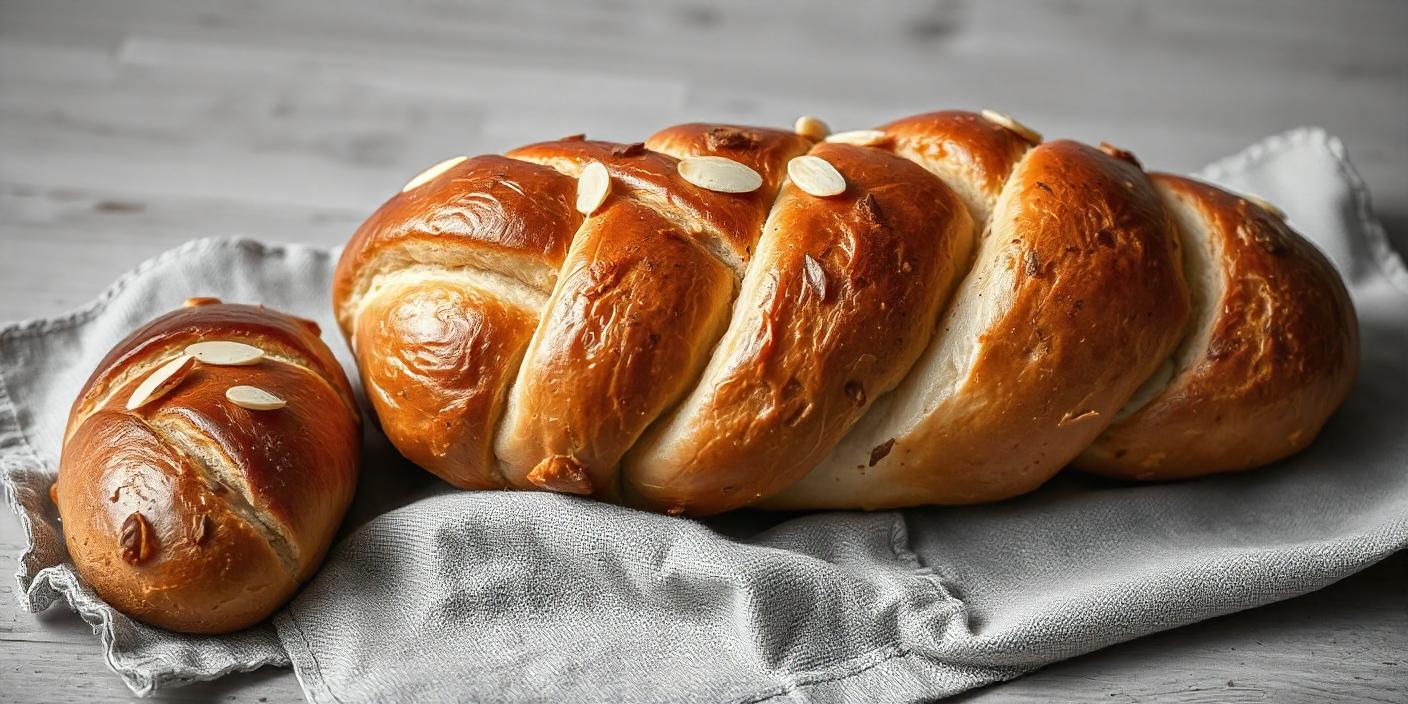 A braided loaf of bread with a golden finish, resting on a linen cloth.