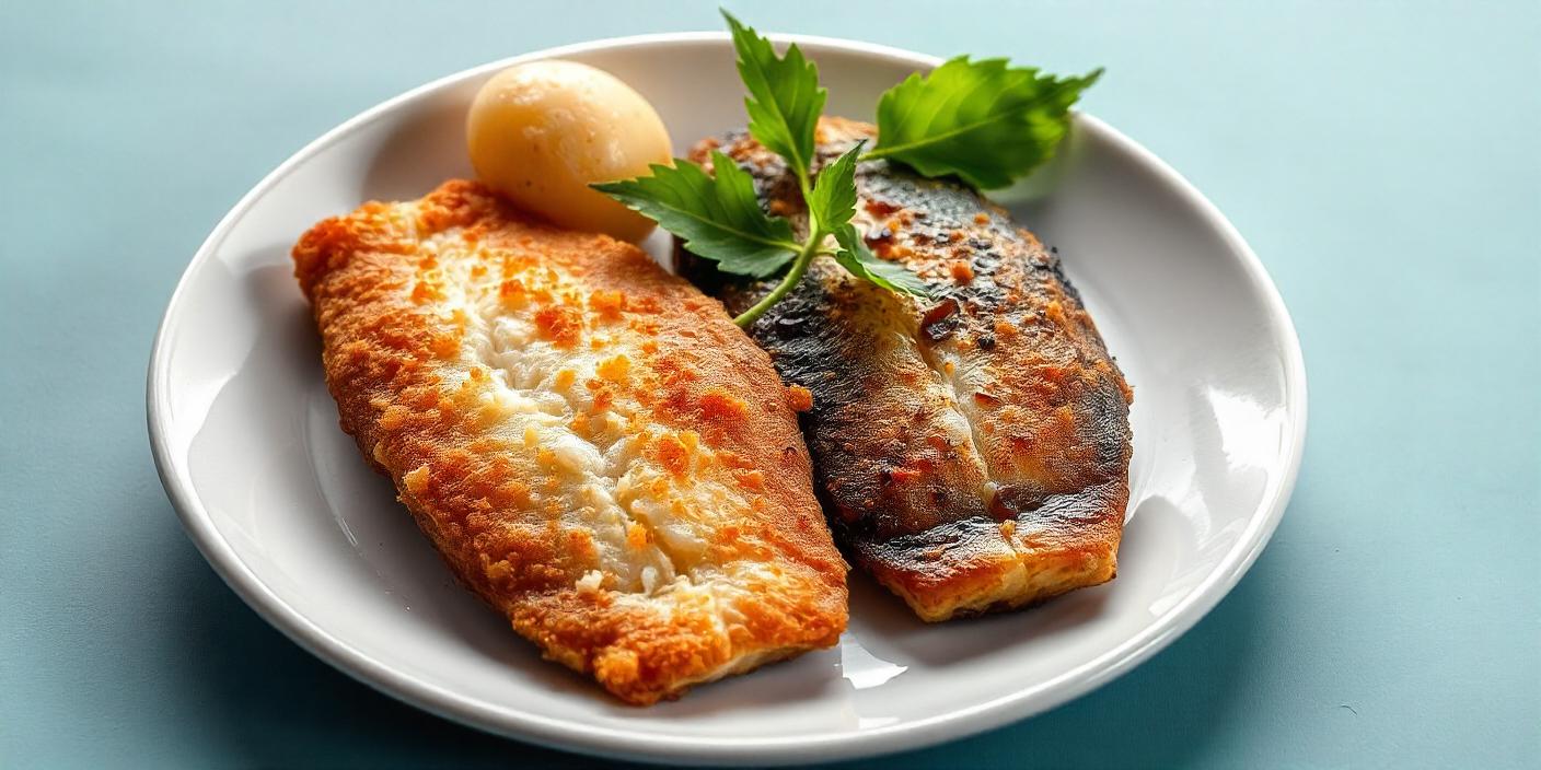 A plate of fried fish served with boiled potatoes and garnished with fresh parsley.