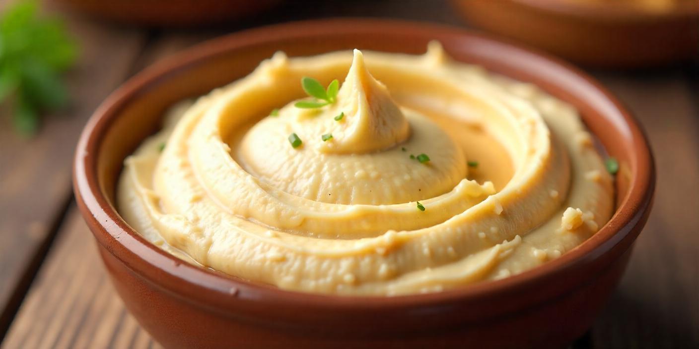 A bowl of smooth mashed potatoes served with butter and herbs.