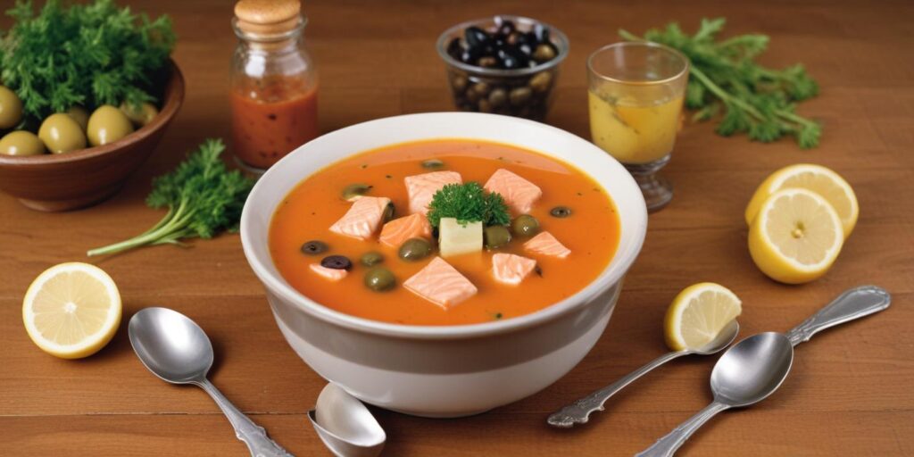 A bowl of creamy tomato soup with salmon cubes, garnished with parsley.