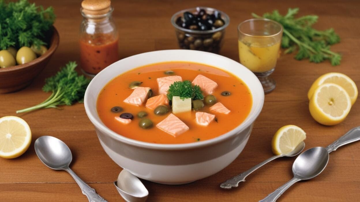 A bowl of creamy tomato soup with salmon cubes, garnished with parsley.