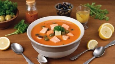 A bowl of creamy tomato soup with salmon cubes, garnished with parsley.
