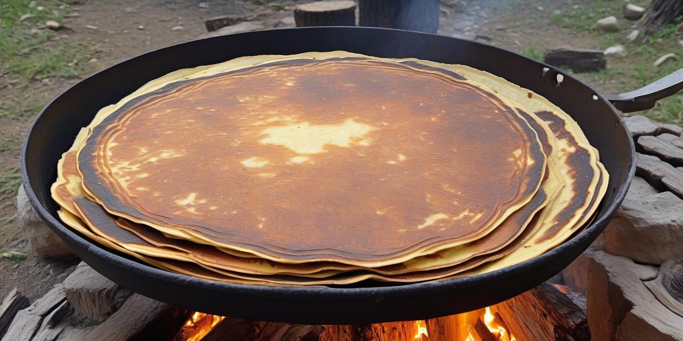 Stack of thin, golden-brown pancakes cooking over an open flame. BookOfFoods