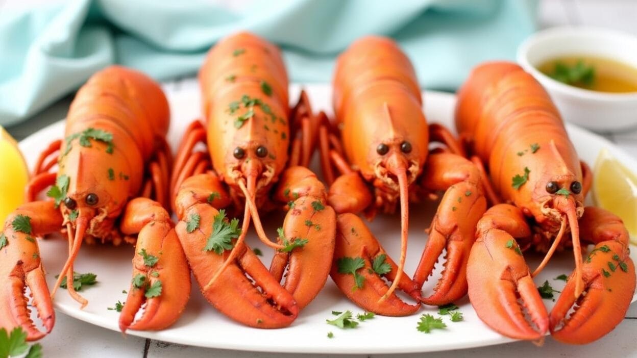 Freshly cooked whole lobsters garnished with herbs, served on a white plate.