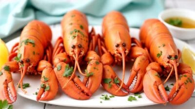 Freshly cooked whole lobsters garnished with herbs, served on a white plate.