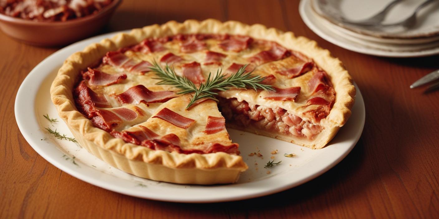 A freshly baked quiche with a flaky crust, filled with bacon and herbs.