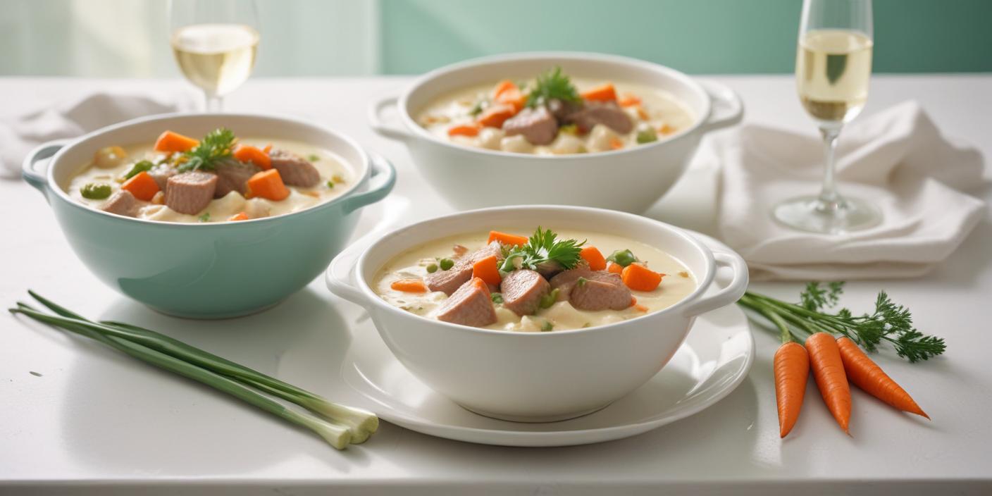 Bowls of homemade chicken soup with vegetables and fresh herbs.