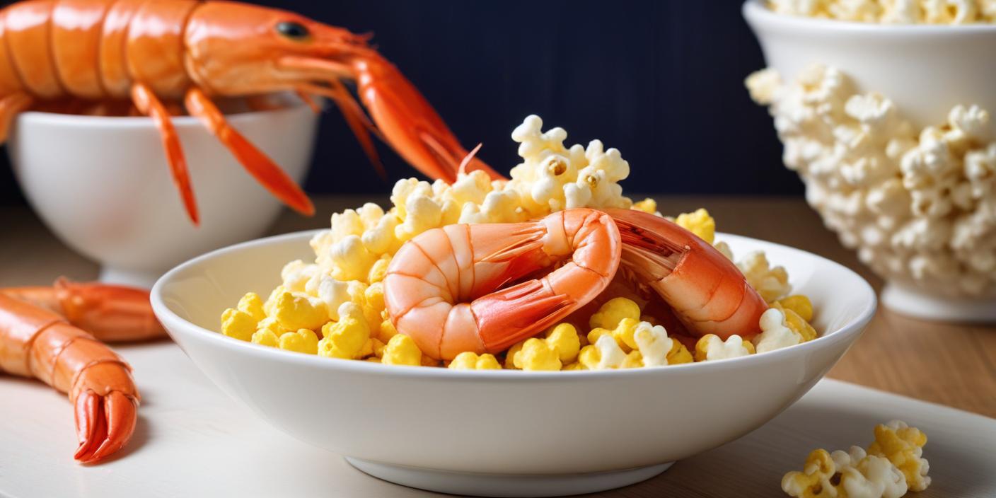 A bowl of buttered popcorn topped with shrimp and a crab claw.