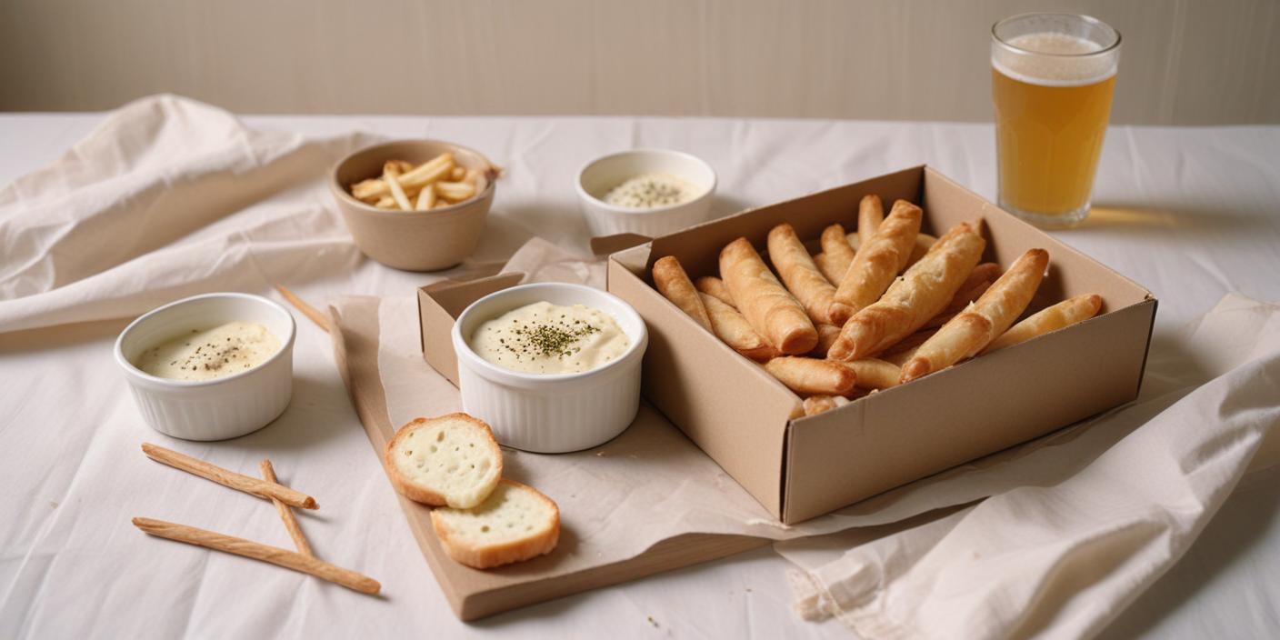 A takeout box of crispy breadsticks with dipping sauce, served with slices of bread.