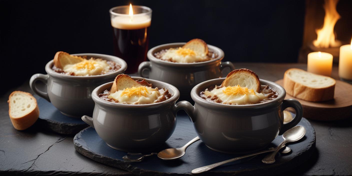 Traditional French onion soup served in small black bowls with melted cheese and toasted bread, accompanied by a glass of dark beer.