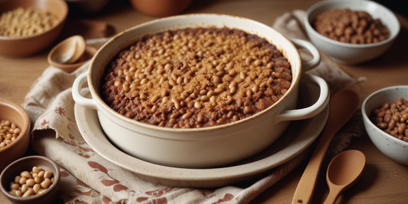 A baked dish with a crispy golden-brown topping, served in a round white casserole dish.