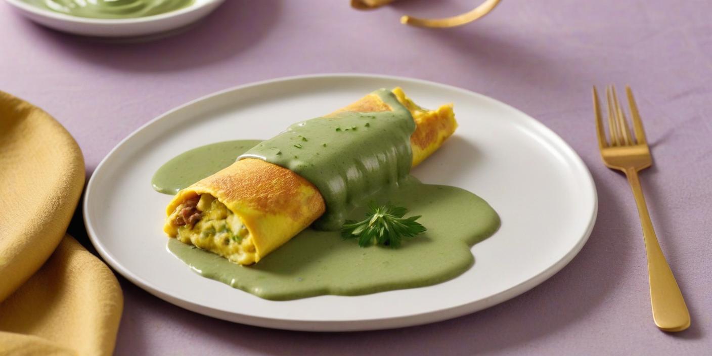 Golden rolled crepe drizzled with green sauce, garnished with parsley.