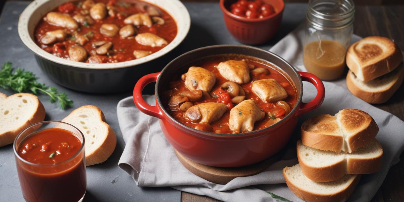 Rich tomato-based stew with meat and dumplings served in a red pot.