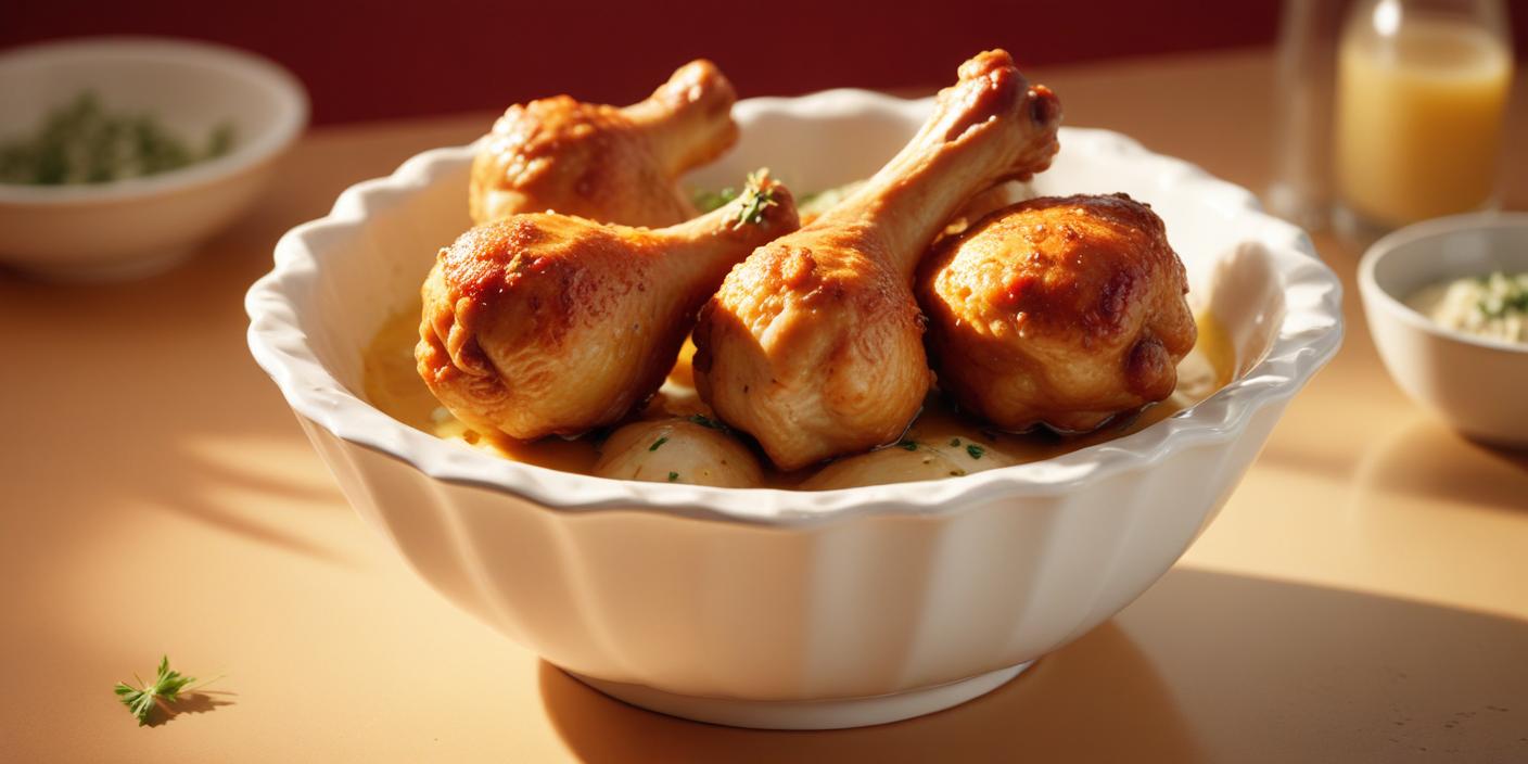 Baked chicken drumsticks in a white serving bowl, crispy and golden brown.