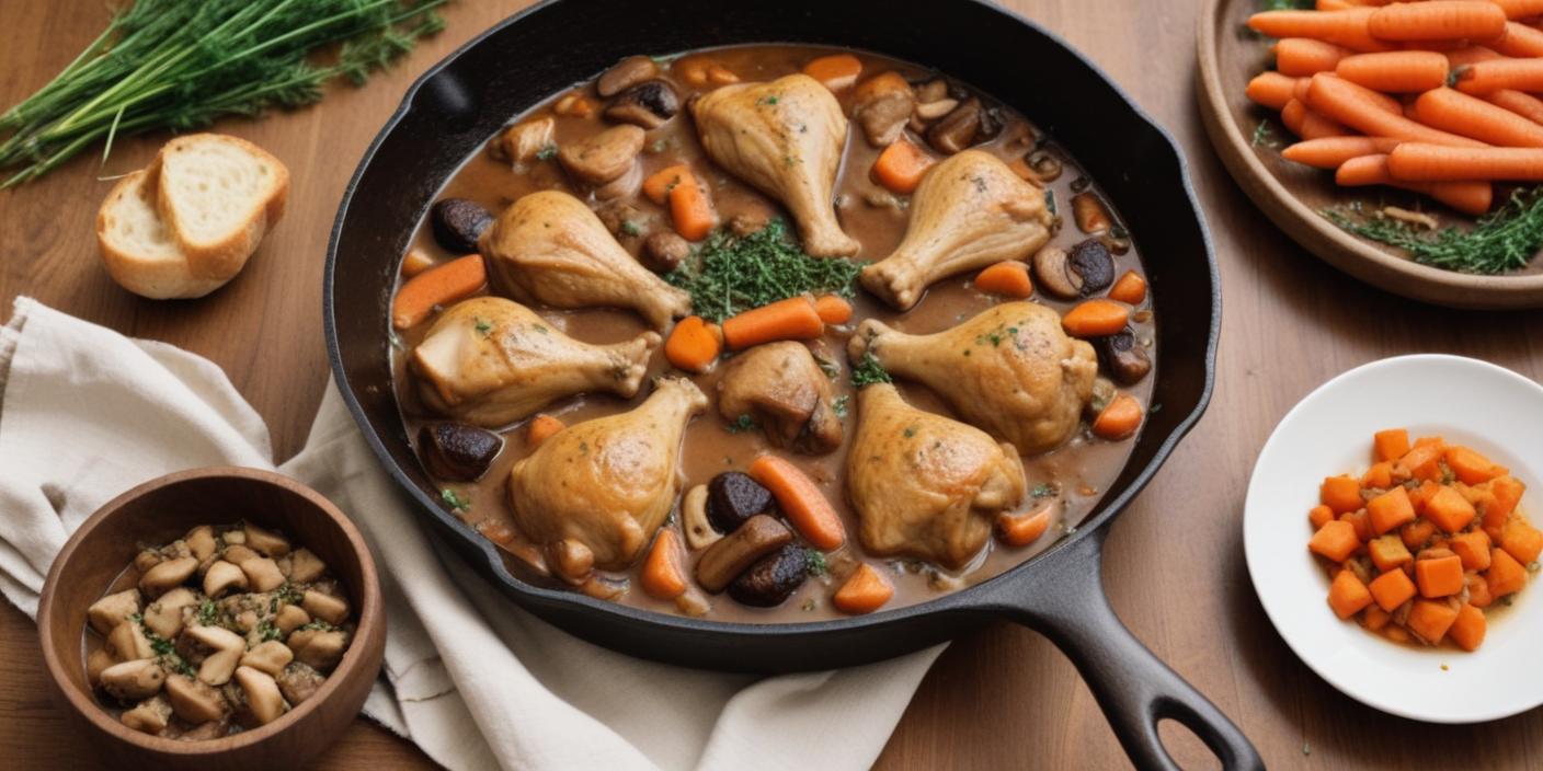 Skillet-cooked chicken thighs with vegetables and mushrooms in a savory sauce.