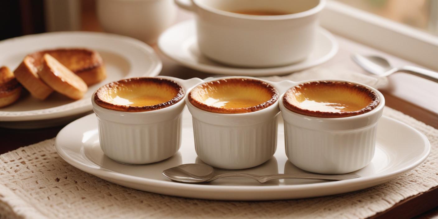 Three ramekins filled with creamy caramelized crème brûlée served on a plate.