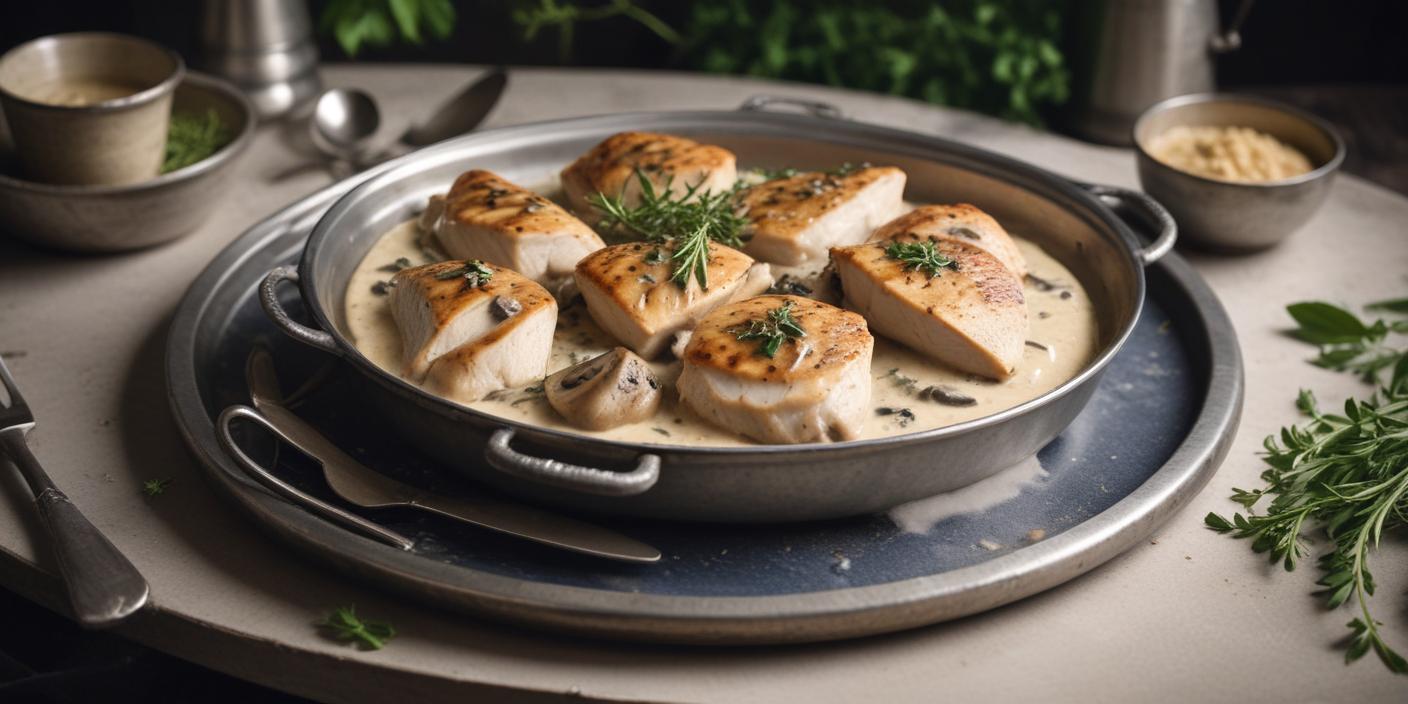 Golden-brown stuffed chicken breasts garnished with fresh herbs, served in a pan.