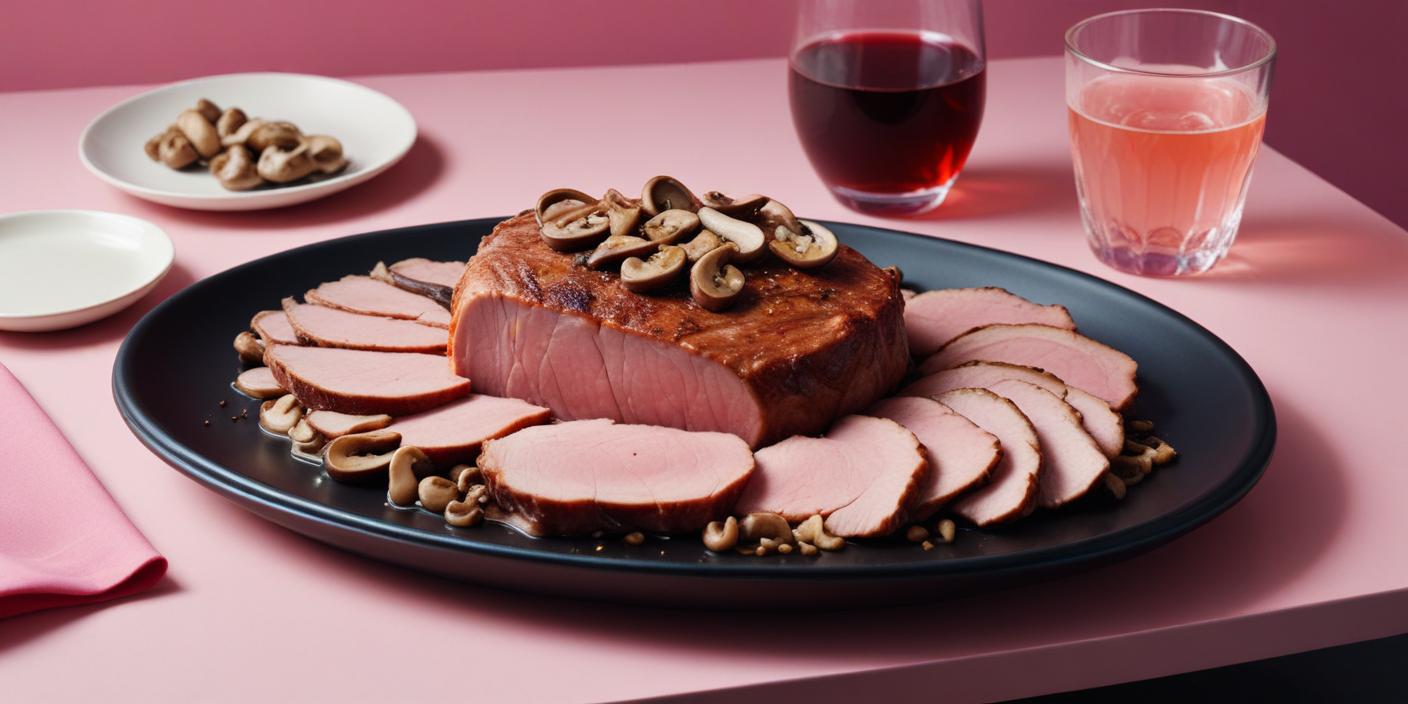 Sliced roast beef with mushrooms, served with a glass of red wine.