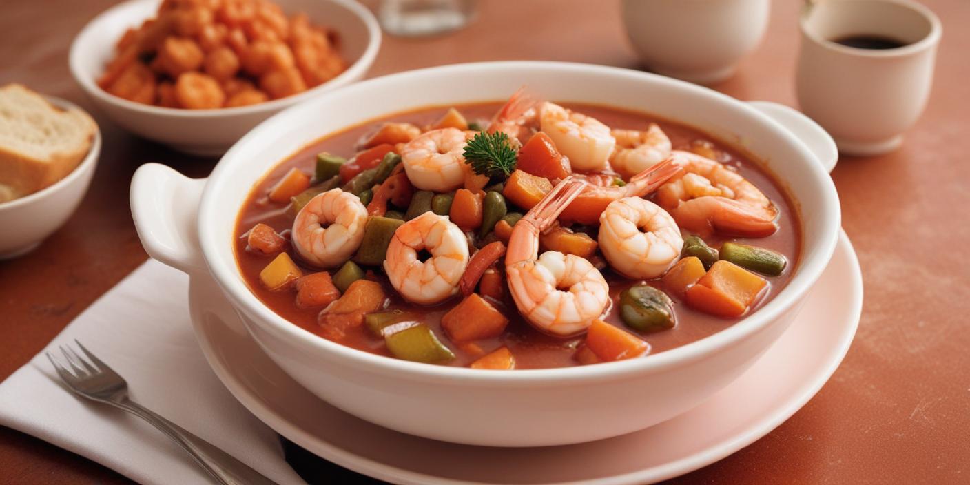 A bowl of seafood soup filled with shrimp, vegetables, and pasta.