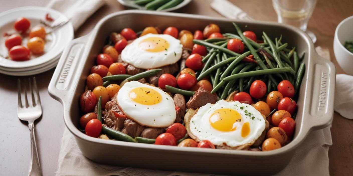 Fresh salad with cherry tomatoes, green beans, and a soft-boiled egg on top.