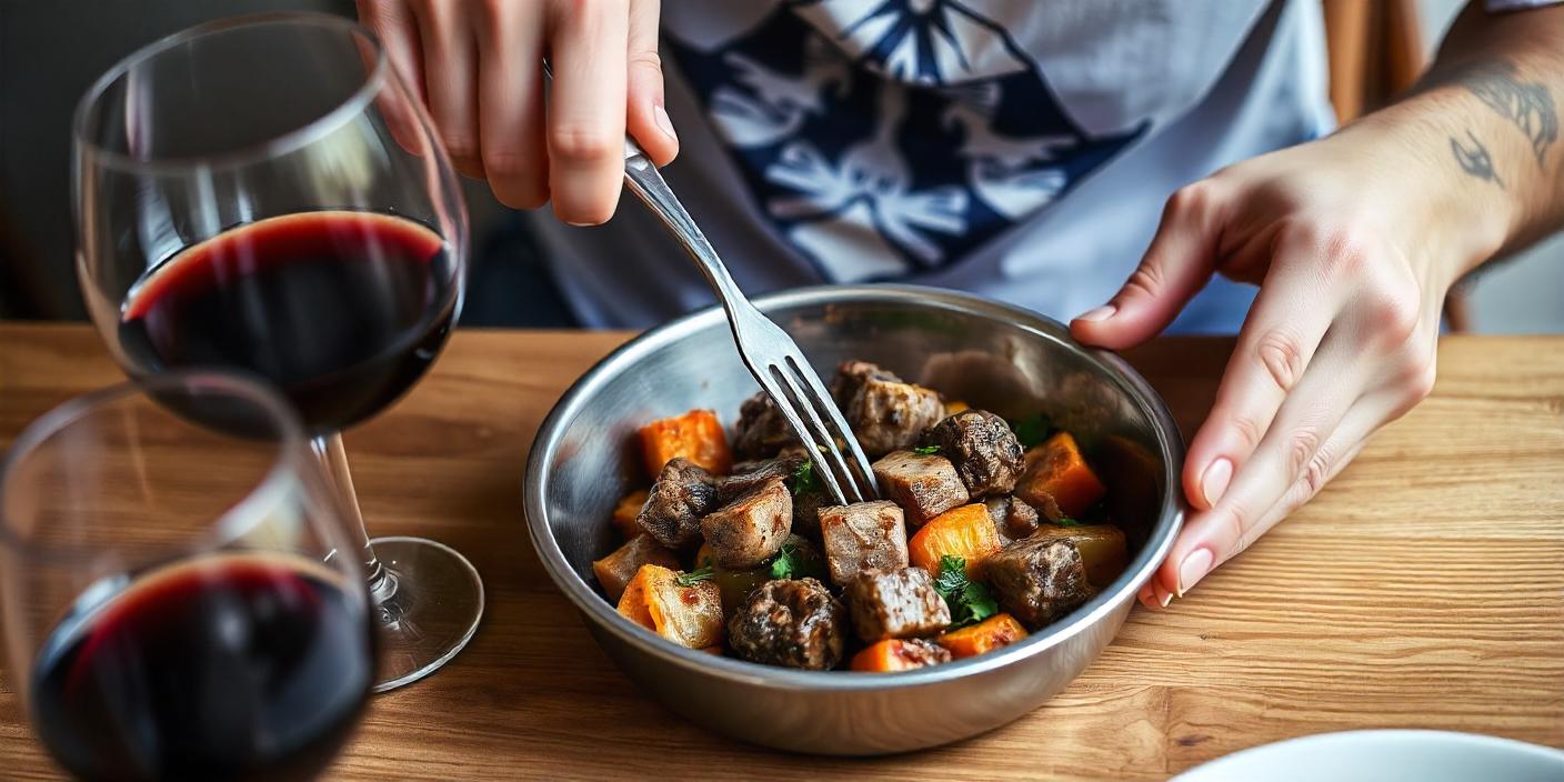 A bowl of roasted vegetables and diced meat being stirred with a fork.