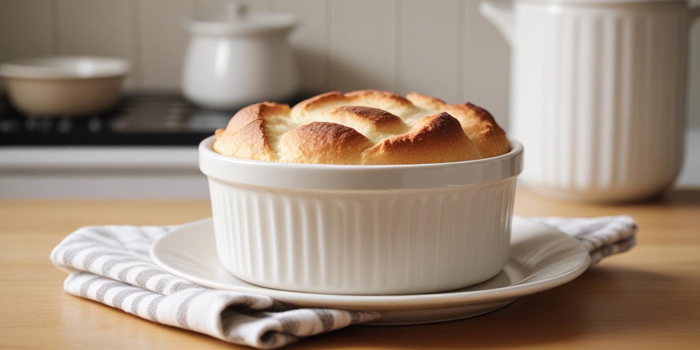 A freshly baked soufflé in a white ramekin with a golden-brown top.