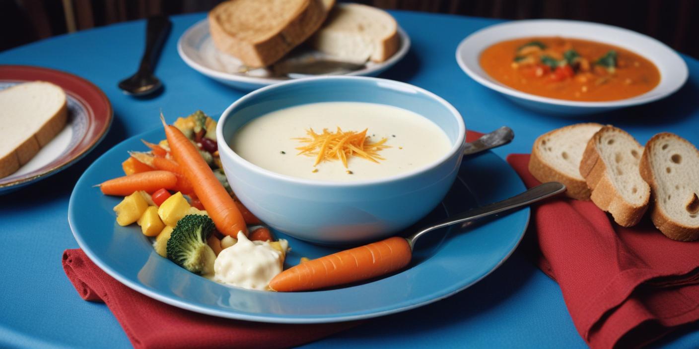 A bowl of creamy cheese soup, served with fresh vegetables and bread.