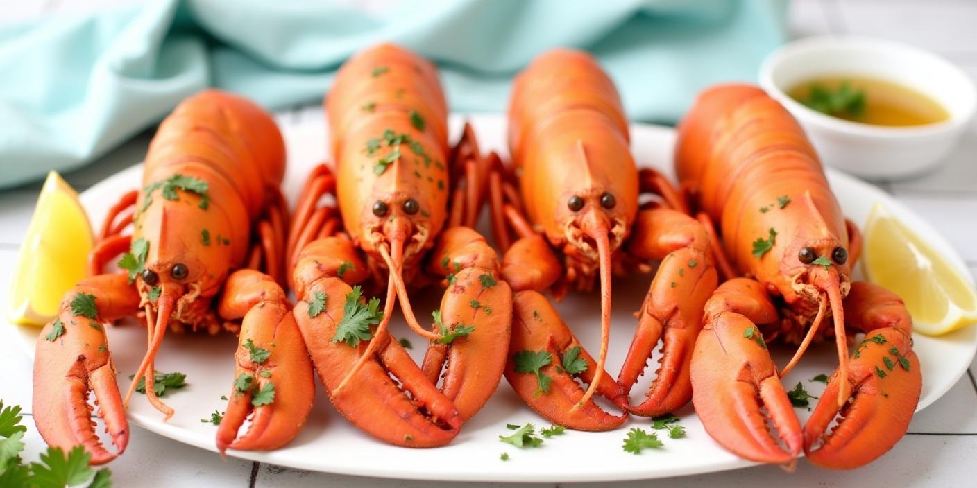 Freshly cooked whole lobsters garnished with herbs, served on a white plate.