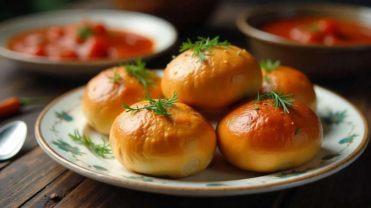A plate of dinner rolls served with fresh herbs and a side of vegetables.