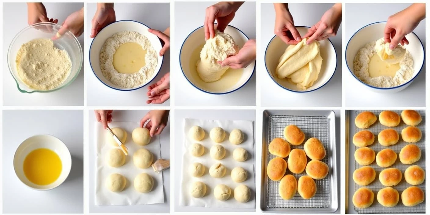 Homemade Bread Rolls Preparation – A step-by-step guide showing the process of making soft bread rolls.