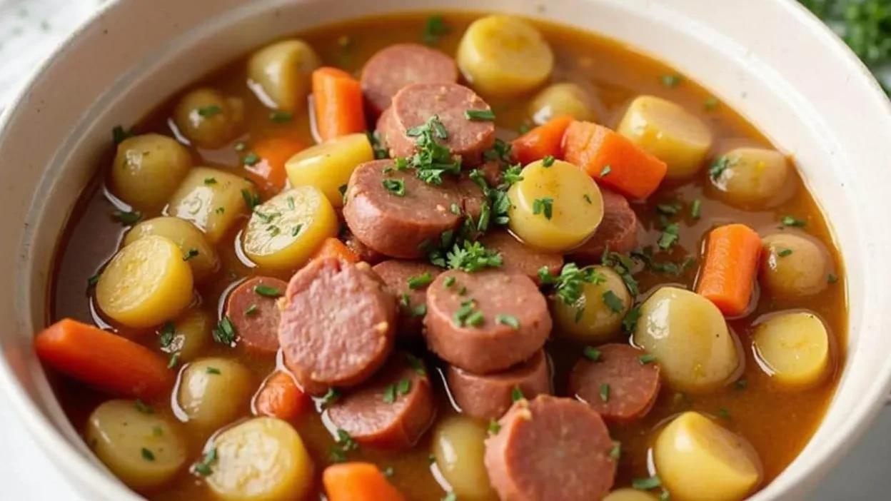 Sausage and Vegetable Stew – A hearty dish with sliced sausages, potatoes, and carrots in a savory broth.