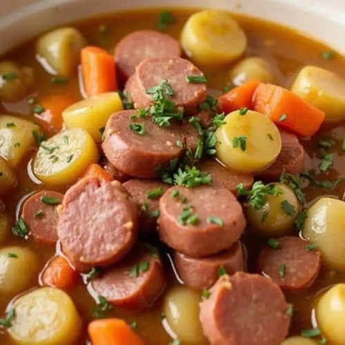 Sausage and Vegetable Stew – A hearty dish with sliced sausages, potatoes, and carrots in a savory broth.