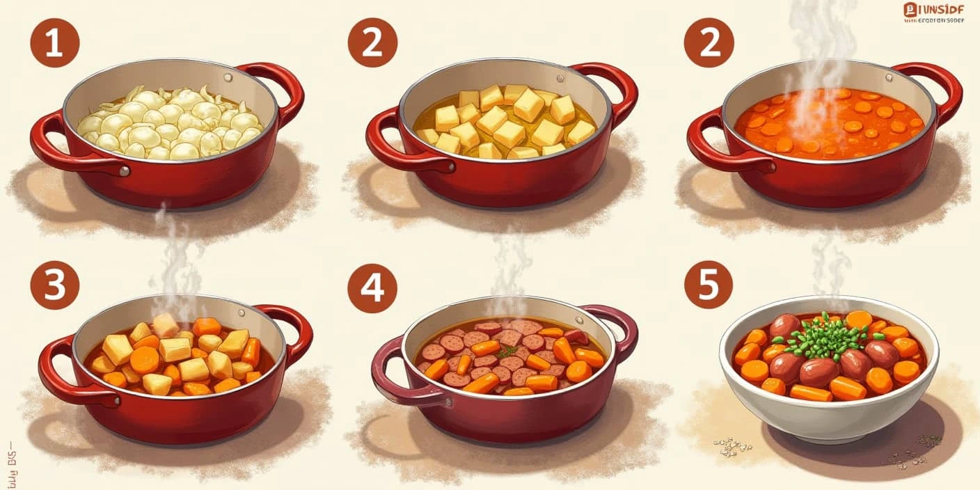 Step-by-Step Stew Preparation – A visual guide for making a vegetable and sausage stew.