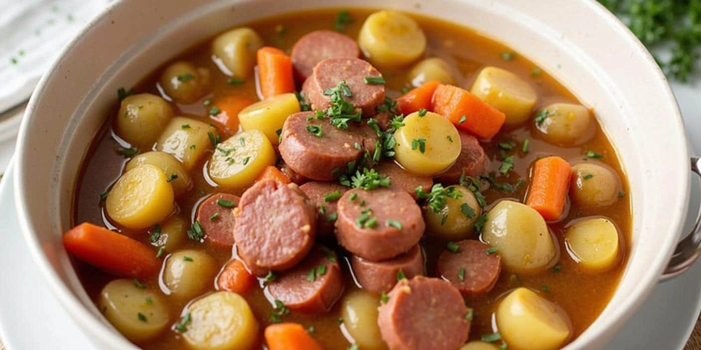 Sausage and Vegetable Stew – A hearty dish with sliced sausages, potatoes, and carrots in a savory broth.