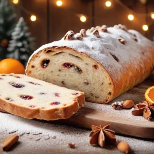 Traditional German Stollen bread dusted with powdered sugar, sliced to reveal marzipan and dried fruit filling, with festive Christmas decorations in the background.