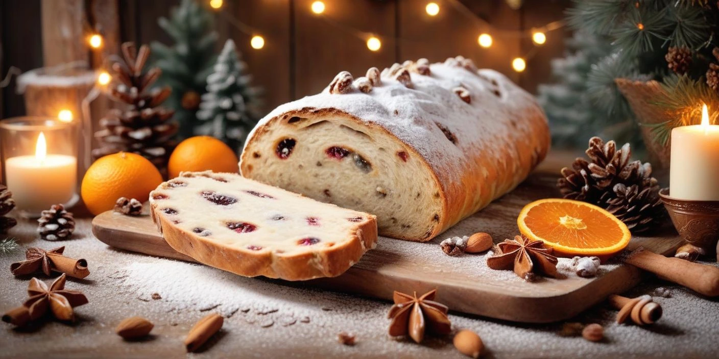 Traditional German Stollen bread dusted with powdered sugar, sliced to reveal marzipan and dried fruit filling, with festive Christmas decorations in the background.