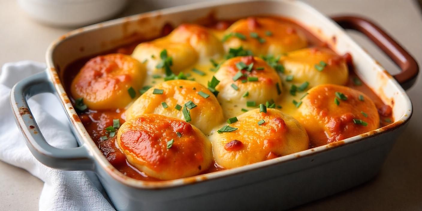 Baked cheesy dumplings in a golden, bubbly sauce, sprinkled with fresh herbs. BookOfFoods