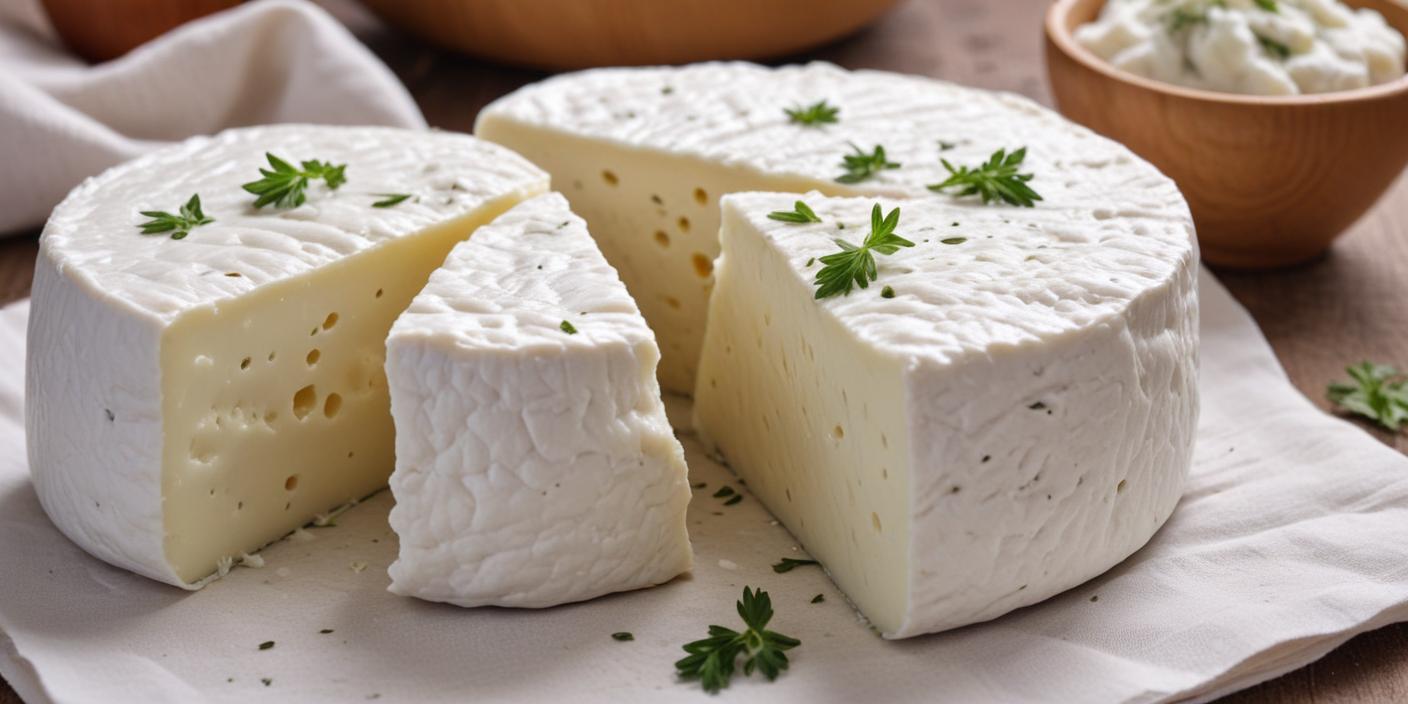 Blocks of fresh white cheese garnished with herbs on a wooden surface. BookOfFoods